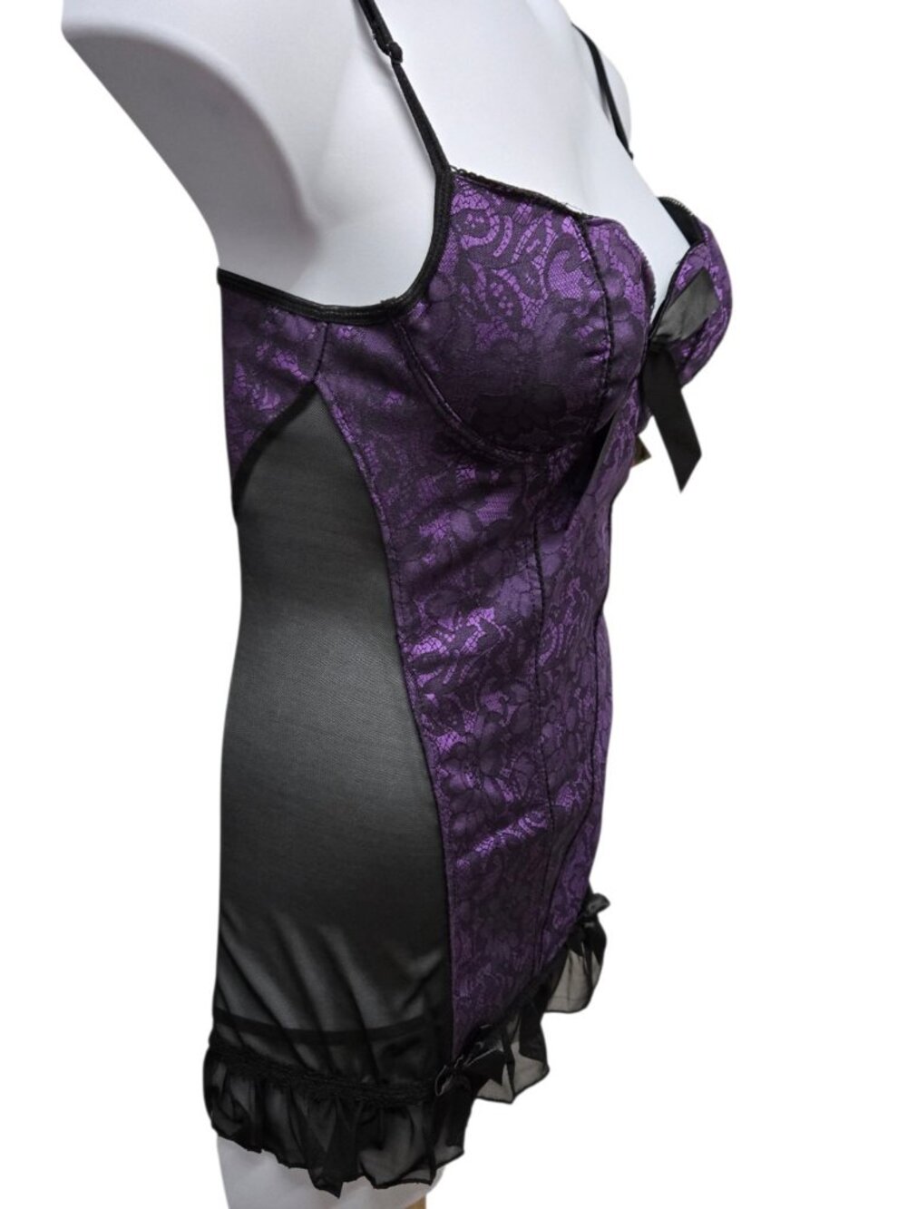 Dreamgirl Lingerie  Babydoll Thong Set Purple Black Size Large Coquette Sexy - Picture 3 of 7